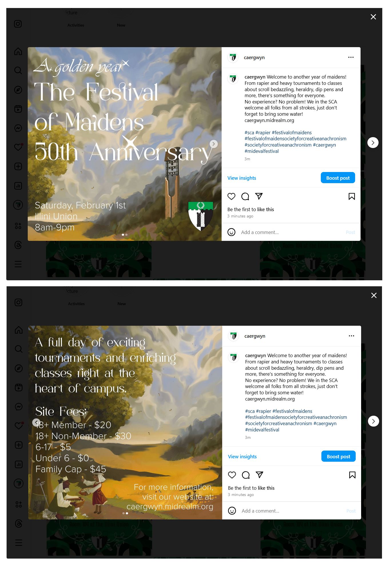 Instagram post made to promote the ''Festival of Maidens'', a yearly event run by the historical reenactment group Caer Gwyn.